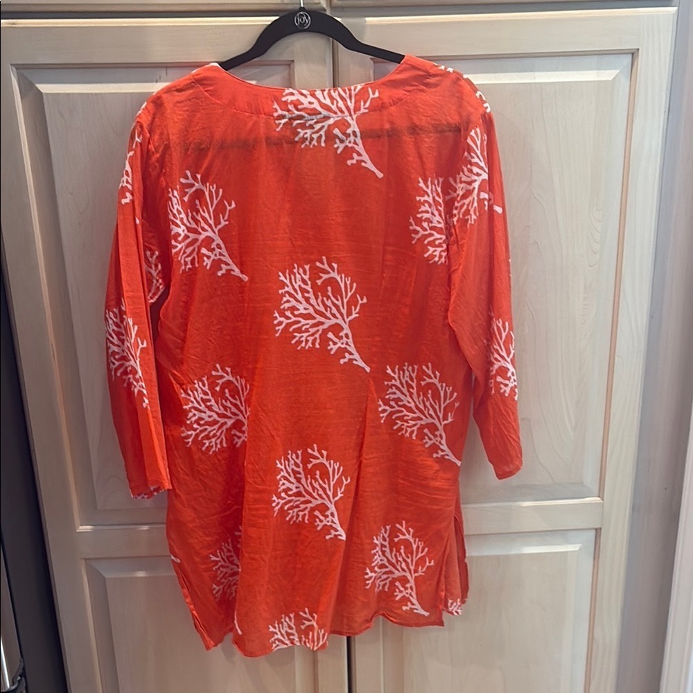 Kikisol Women's Coral Print Tunic - Orange Lightweight Cruise Ware Nautical L - Picture 3 of 4